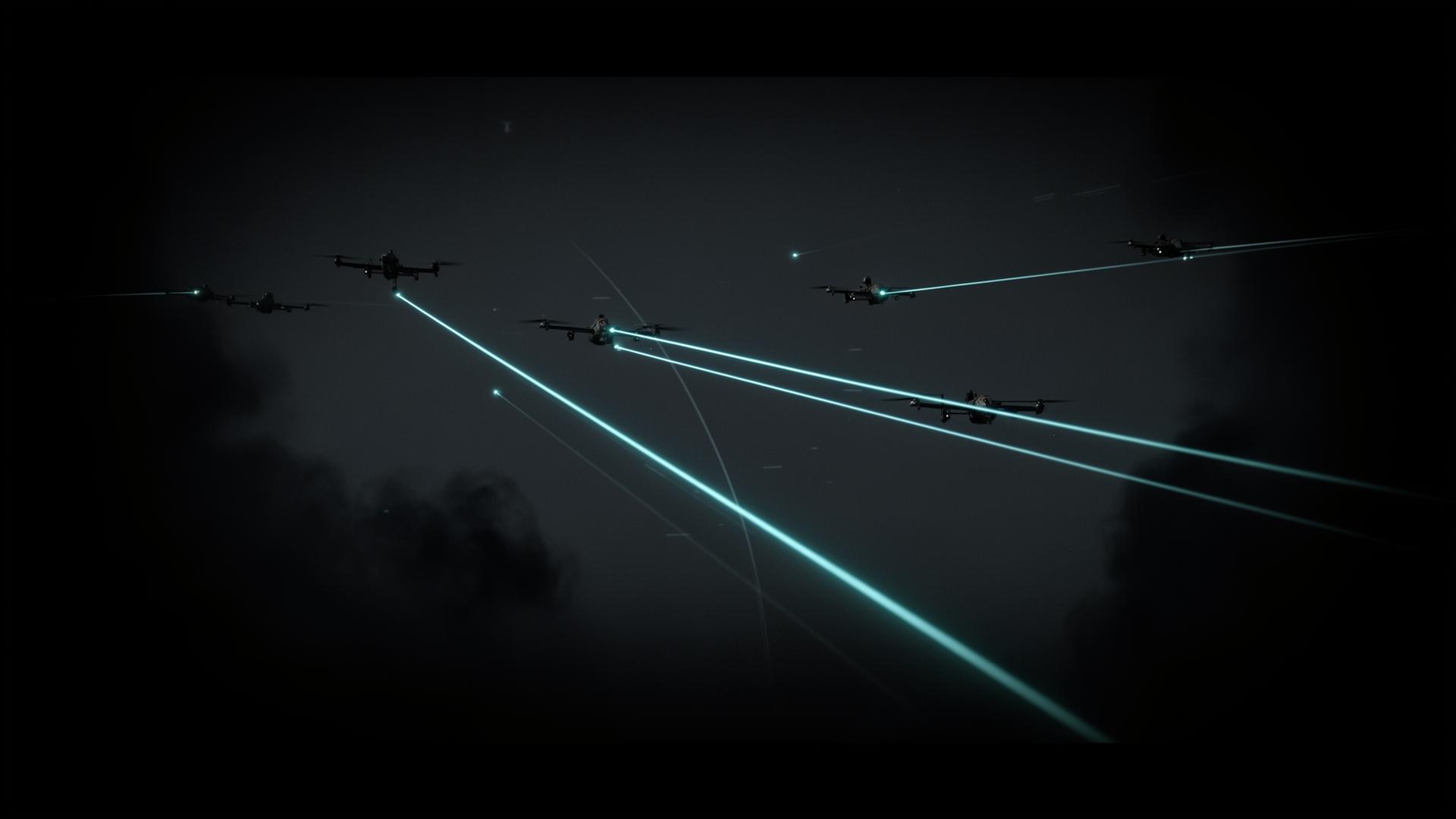 Multiple directed-energy beams intercepting silhouetted drones in dark airspace
